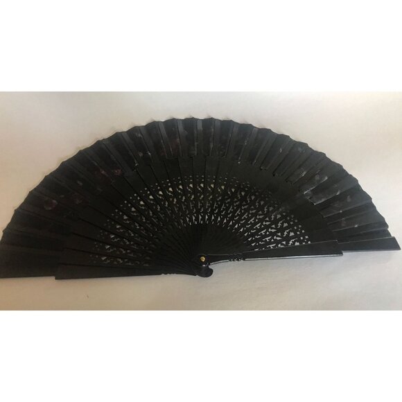 Vintage Hand Held Silk Paper Fan Signed By the Artist Black With Hand Painted - Picture 9 of 10